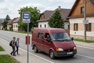 Two students beside a bus stop sign reading “TURIE, OBECNÝ ÚRAD”