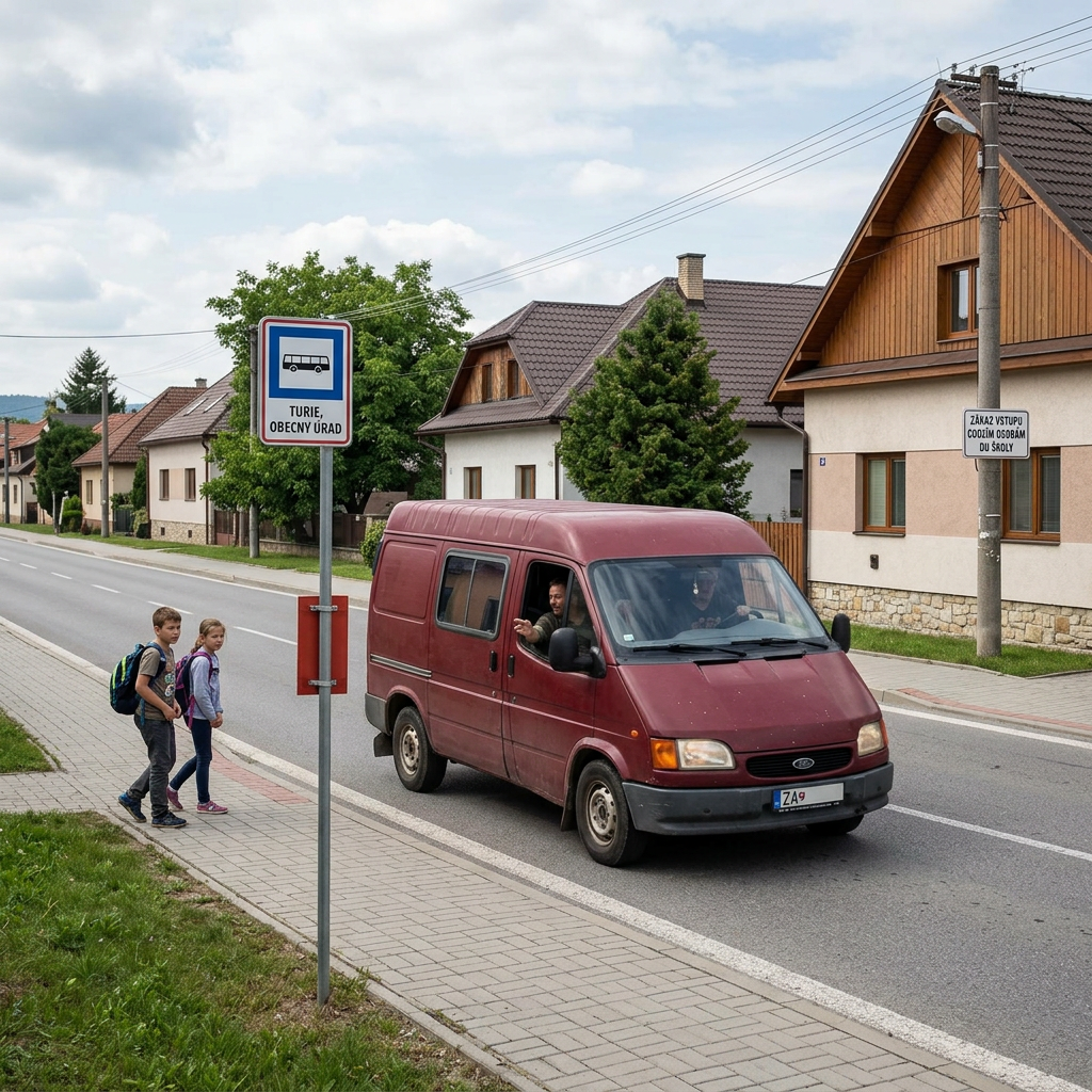 Two students beside a bus stop sign reading “TURIE, OBECNÝ ÚRAD”